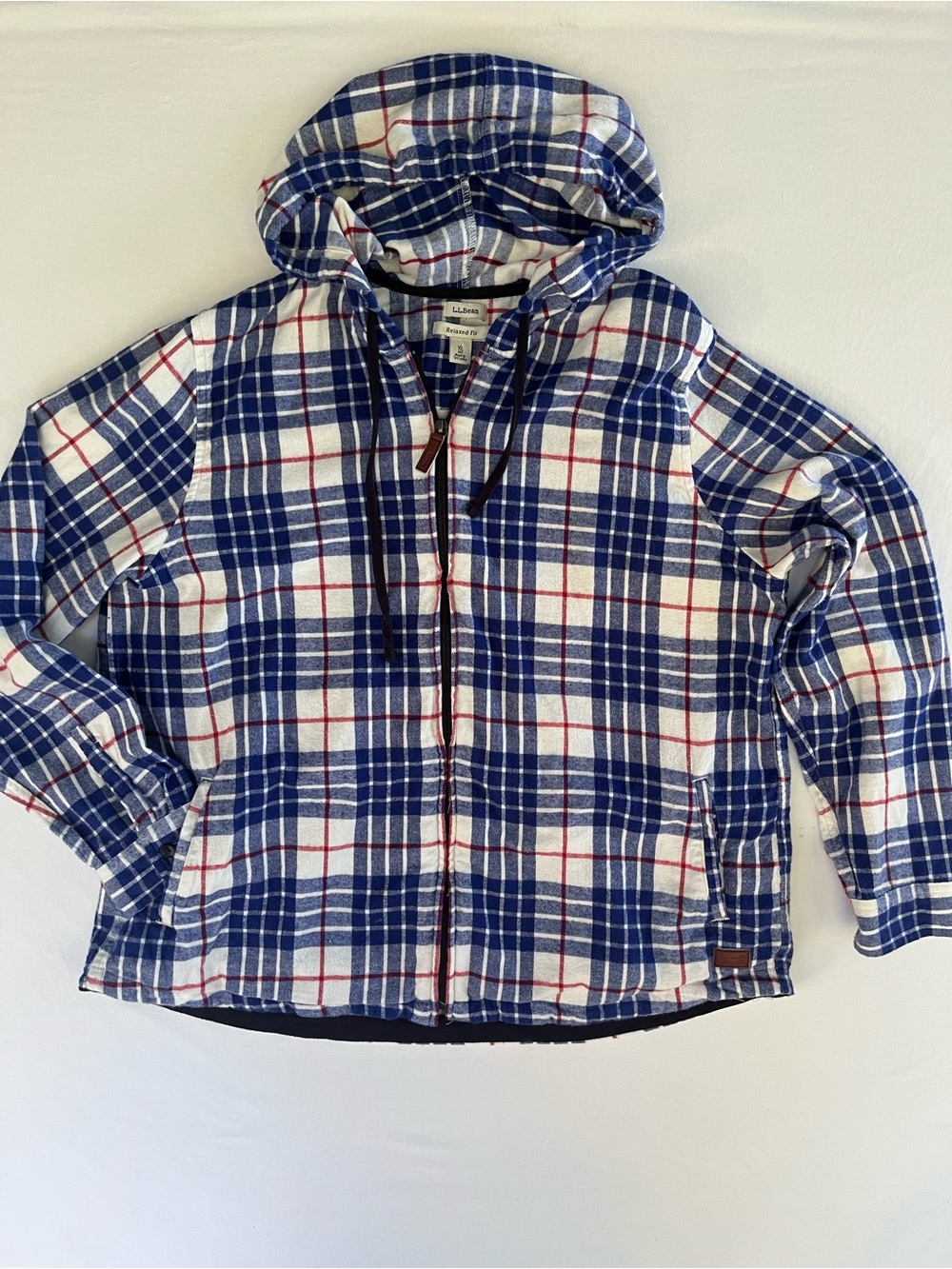 L.L. Bean Men’s Hoodie Blue Plaid Relaxed Fit Cotton Full Zip Flannel Size XL